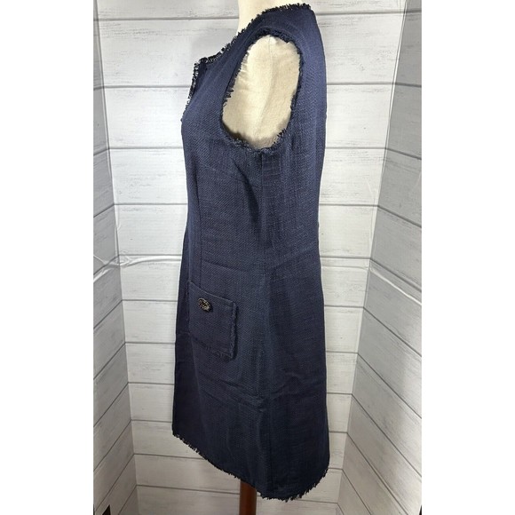 Karl Lagerfeld Paris Womens Fringe Trim Tweed Sheath Dress Sleeveless Blue Sz 10 - Picture 4 of 13